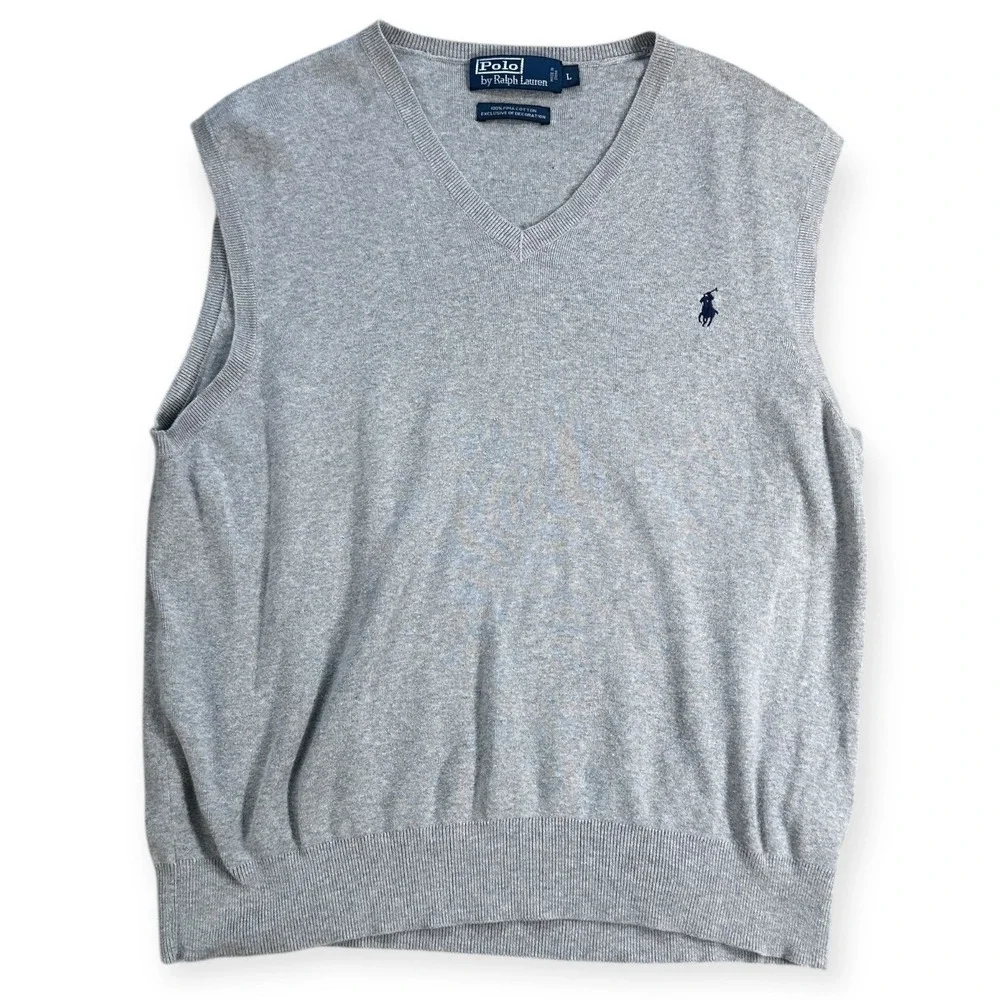 Polo‎ Ralph Lauren Mens Grey Pima Cotton V-Neck Sweater Vest Large Heather Gray